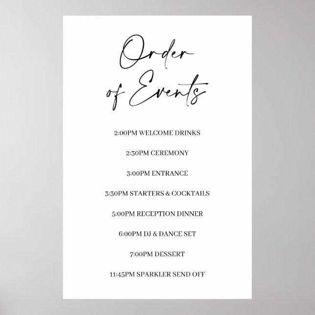 Minimalist Order of Events Wedding Sign Poster (Front)
