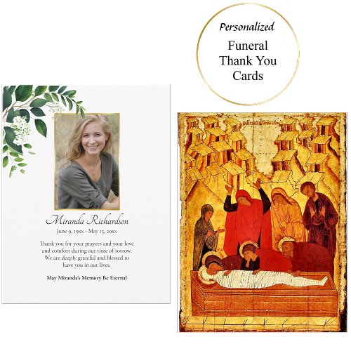 Minimalist Orthodox Christian Funeral Greenery Thank You Card