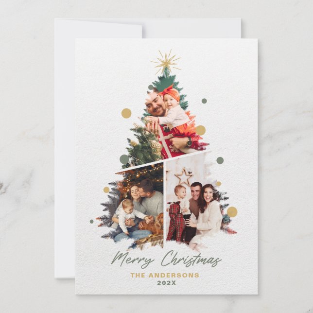 Minimalist Our Family Christmas Three Photo Thank You Card (Front)
