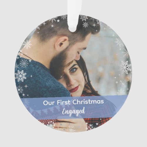 Minimalist Our First Christmas Engaged 2 Photos Ornament