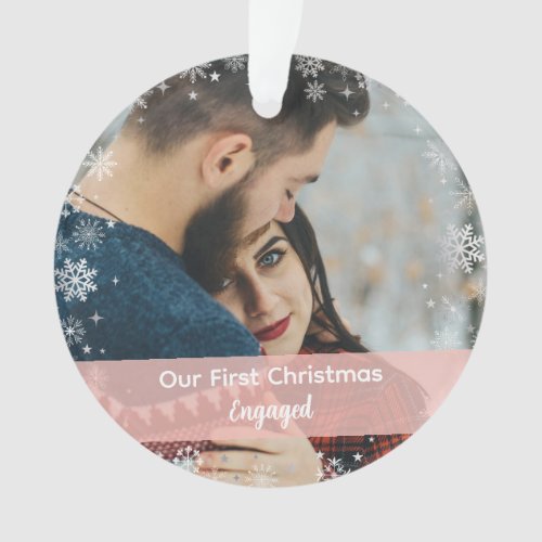 Minimalist Our First Christmas Engaged 2 Photos Ornament