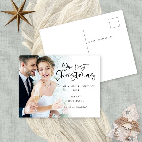 Minimalist Our First Christmas Mr Mrs Photo Holiday Postcard