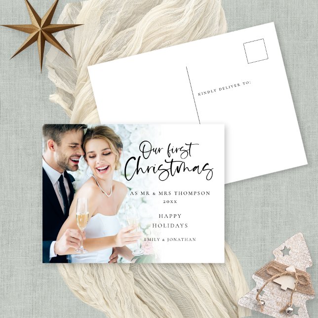 Minimalist Our First Christmas Mr Mrs Photo Holiday Postcard (Front and back view)