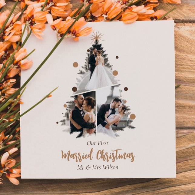 Minimalist Our First Married Christmas Three Photo Holiday Card (Creator Uploaded)