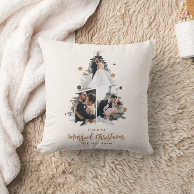 Minimalist Our First Married Christmas Three Photo Throw Pillow (Blanket)