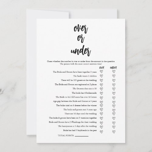 Minimalist Over or Under Bridal Shower Game Card