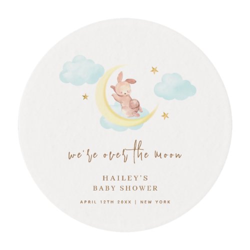 Minimalist Over The Moon Bunny Cloud Baby Shower Edible Frosting Rounds