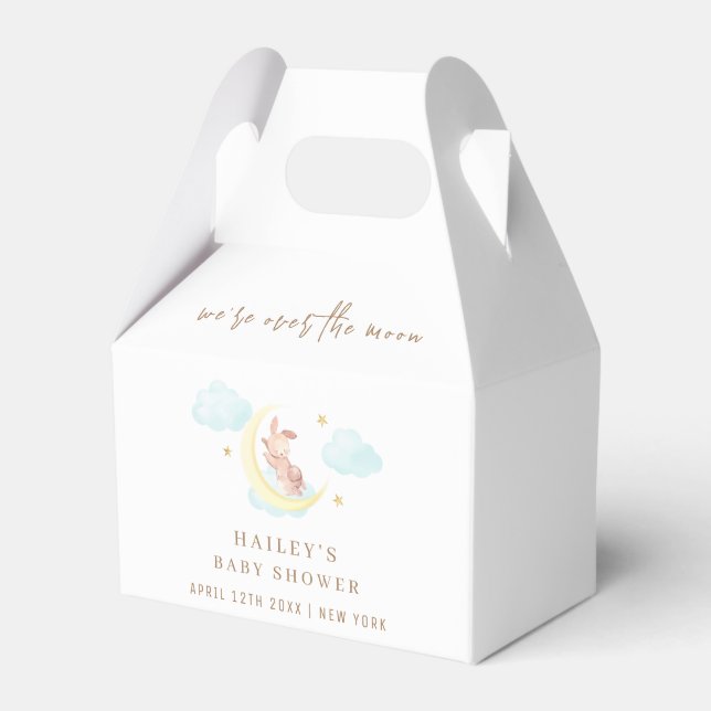 Minimalist Over The Moon Bunny Cloud Baby Shower Favor Boxes (Front Side)