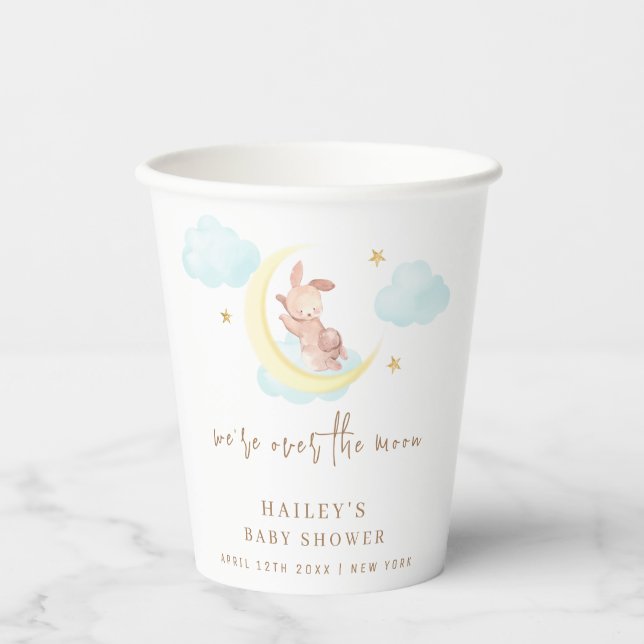 Minimalist Over The Moon Bunny Cloud Baby Shower Paper Cups (Front)