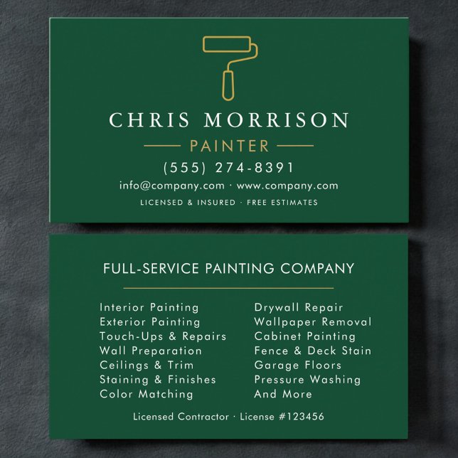 Minimalist Painter Geen Gold Modern Business Card (Creator Uploaded)
