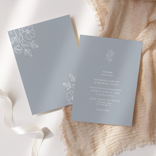 Minimalist Pale Blue Floral Emblem Wedding Invitation
