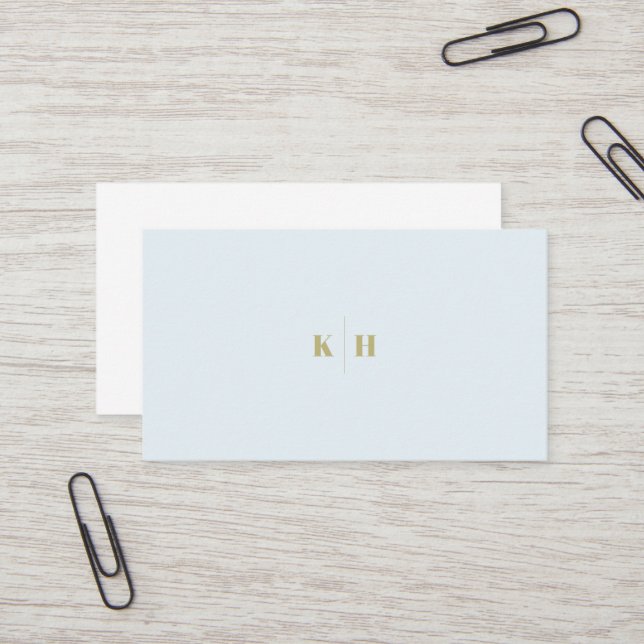 Minimalist Pale Blue White Monogram Business Card (Front/Back In Situ)