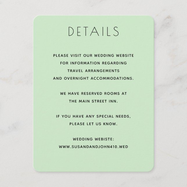 Minimalist Pale Green and Black Elegant Wedding Enclosure Card (Front)