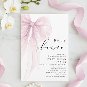 Minimalist Pale Pink Watercolor Bow Baby Shower Invitation