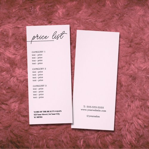 Minimalist Pale Rose Black Line Beauty Price List Rack Card