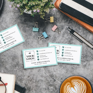 Minimalist Pale Turquoise Icons Border & Your Logo Business Card
