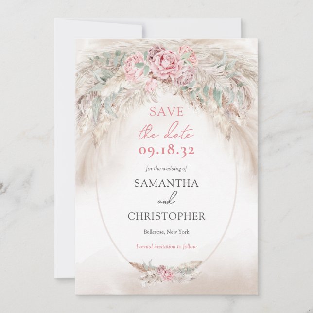 Minimalist pampas and dusty rose wreath sage green save the date (Front)