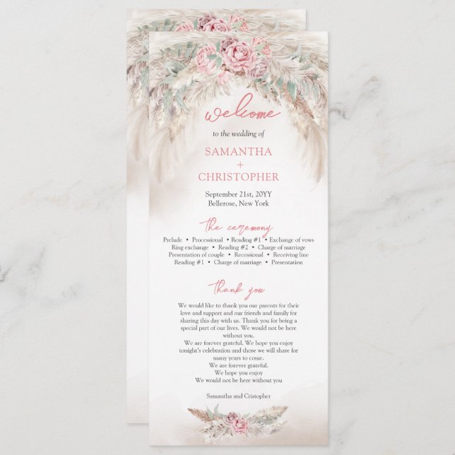 Minimalist pampas and dusty roses wreath program (Front/Back)