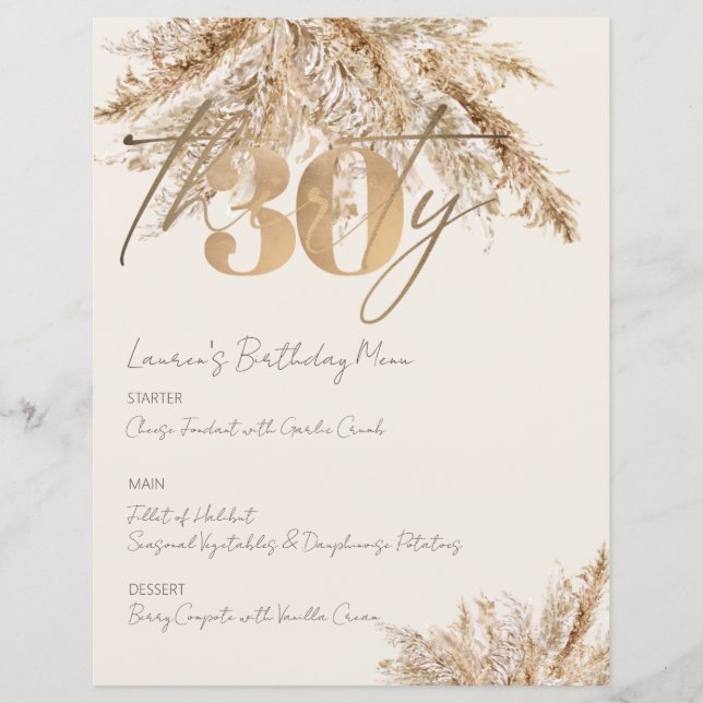 Minimalist Pampas Gold 30th Birthday Party Menu (Front)