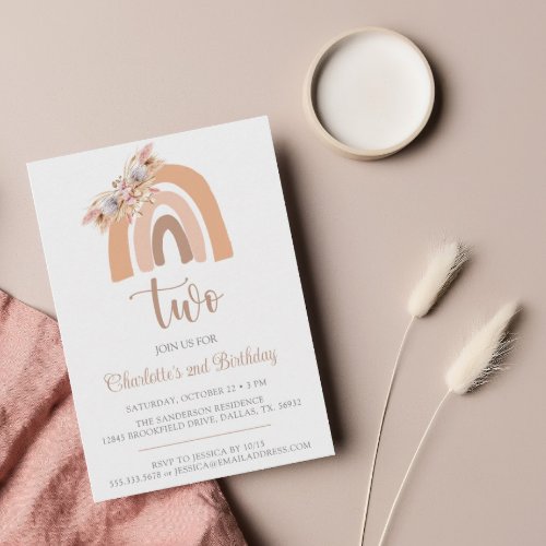 Minimalist Pampas Grass Boho Rainbow Birthday Invitation