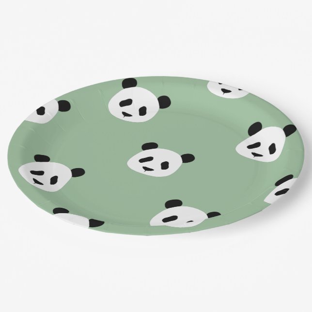 Minimalist Panda Pattern - Sage Green Paper Plates (Angled)