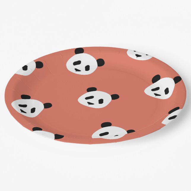 Minimalist Panda Pattern - Terracotta Red Paper Plates (Angled)