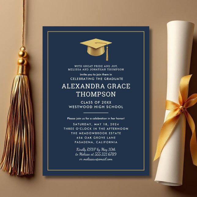 Minimalist Parents Names Navy Blue Gold Graduation Invitation (Creator Uploaded)