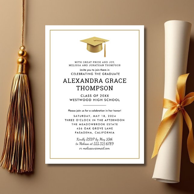Minimalist Parents Names White Gold Graduation Invitation (Creator Uploaded)