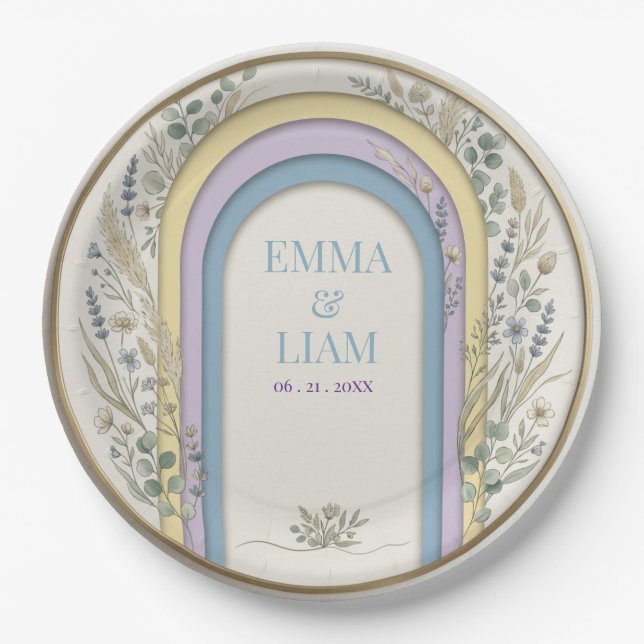 Minimalist Pastel Arch Frame Botanical Wedding Paper Plates (Front)