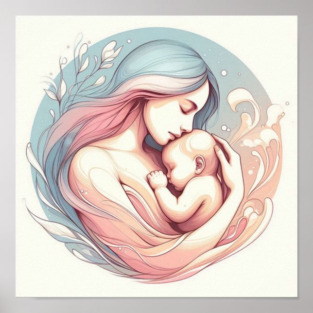 Minimalist Pastel Art of Mom with Baby Poster (Front)