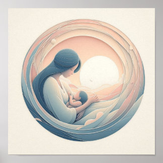 Minimalist Pastel Art of Mom with Baby Poster