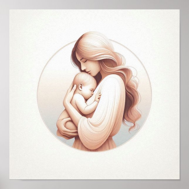 Minimalist Pastel Art of Mom with Baby Poster (Front)