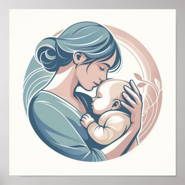 Minimalist Pastel Art of Mom with Baby Poster (Front)