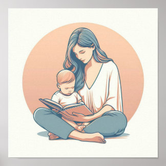 Minimalist Pastel Art of Mom with Baby Poster