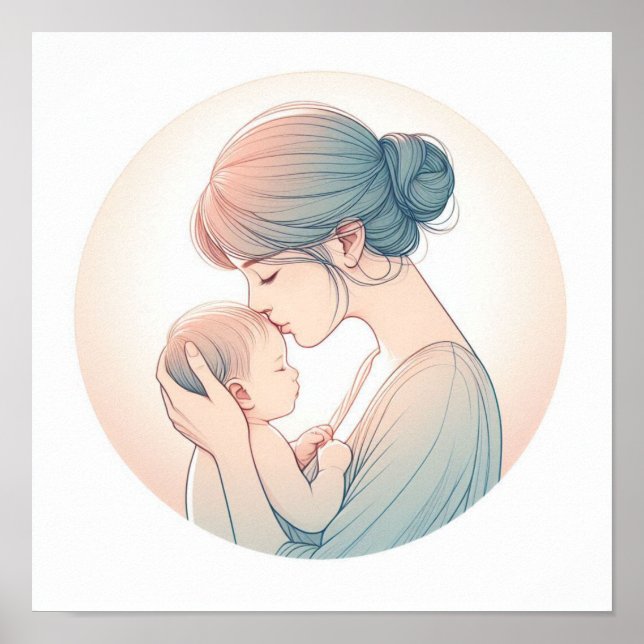 Minimalist Pastel Art of Mom with Baby Poster (Front)