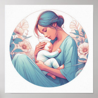 Minimalist Pastel Art of Mom with Baby Poster