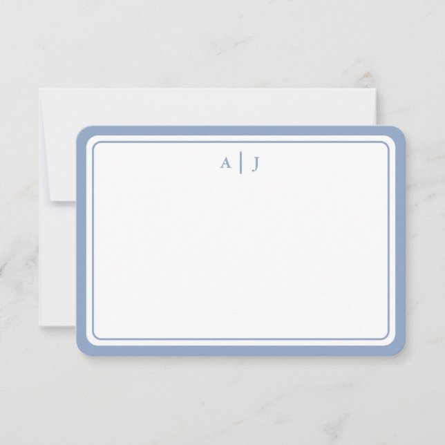 Minimalist Pastel Blue Monogram Round Border Note Card (Front)