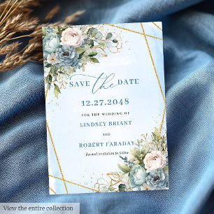 Minimalist Pastel Blue White Gold Peony Save Date Invitation