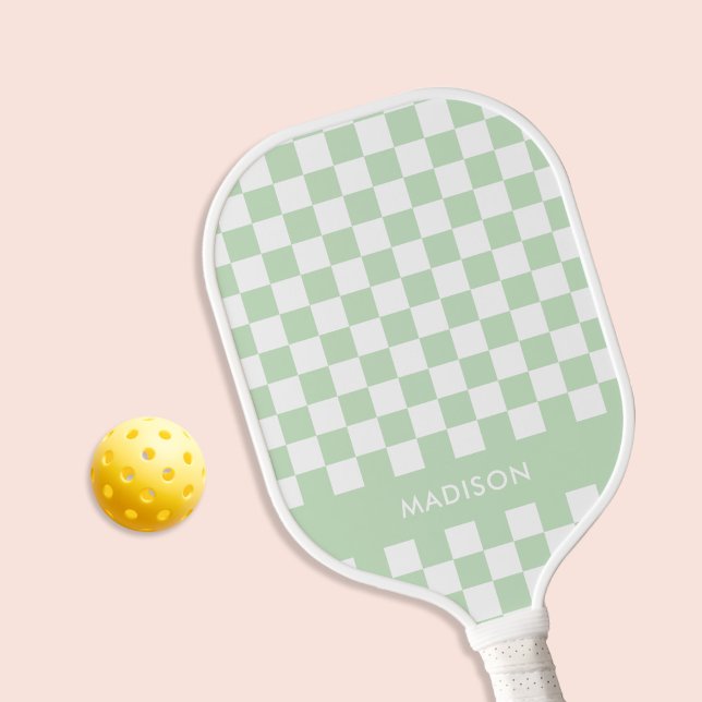 Minimalist Pastel Green Checkered Monogram Pickleball Paddle (Creator Uploaded)