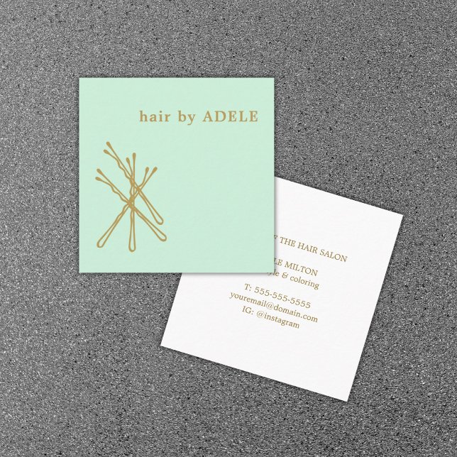 Minimalist Pastel Green Gold Bobby Pins Hair Square Business Card (Creator Uploaded)
