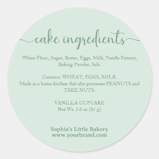 Minimalist Pastel Green Script Cake Ingredients Classic Round Sticker