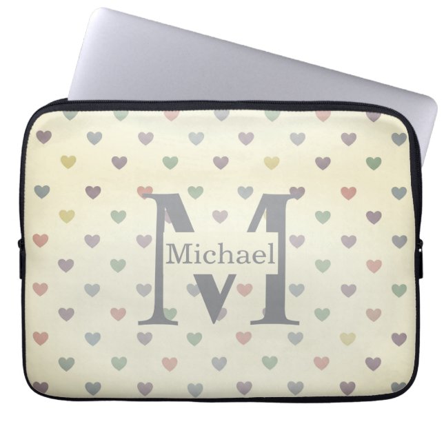 Minimalist Pastel Heart Pattern Custom Monogram  Laptop Sleeve (Front)