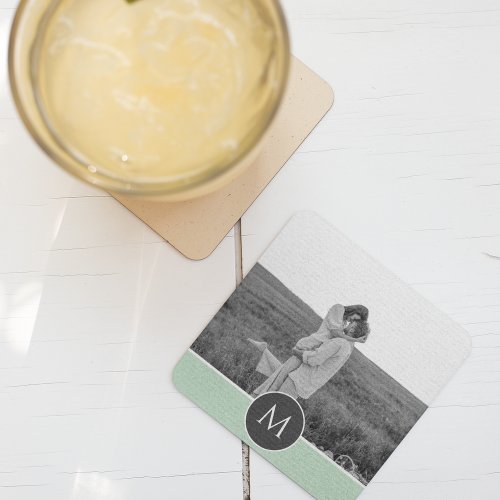 Minimalist Pastel Mint Personalized Name  Photo Beverage Coaster