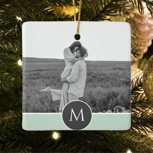 Minimalist Pastel Mint Personalized Name & Photo  Ceramic Ornament (Creator Uploaded)