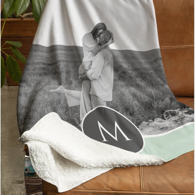 Minimalist Pastel Mint Personalized Name & Photo Sherpa Blanket (Creator Uploaded)