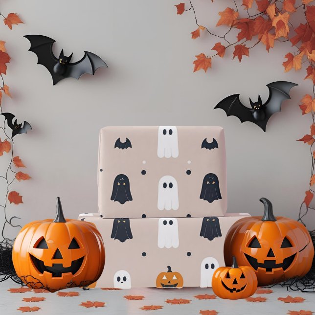 Minimalist Pastel Pink Ghost & Pumpkin Halloween Wrapping Paper (Creator Uploaded)