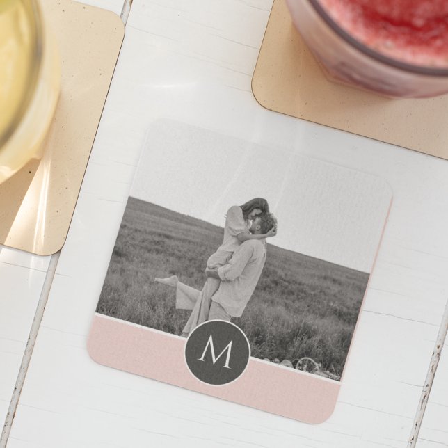Minimalist Pastel Pink Personalized Name & Photo Beverage Coaster (Creator Uploaded)
