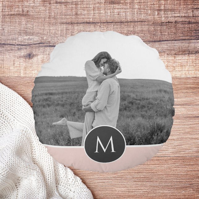 Minimalist Pastel Pink Personalized Name & Photo Round Pillow (Creator Uploaded)