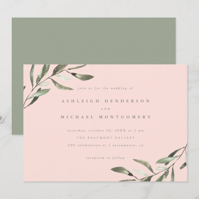 Minimalist Pastel Pink Sage Green Branches Wedding Invitation (Front/Back)