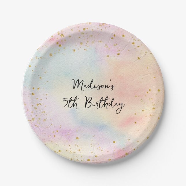 Minimalist Pastel Rainbow Gold Birthday Paper Plates (Front)
